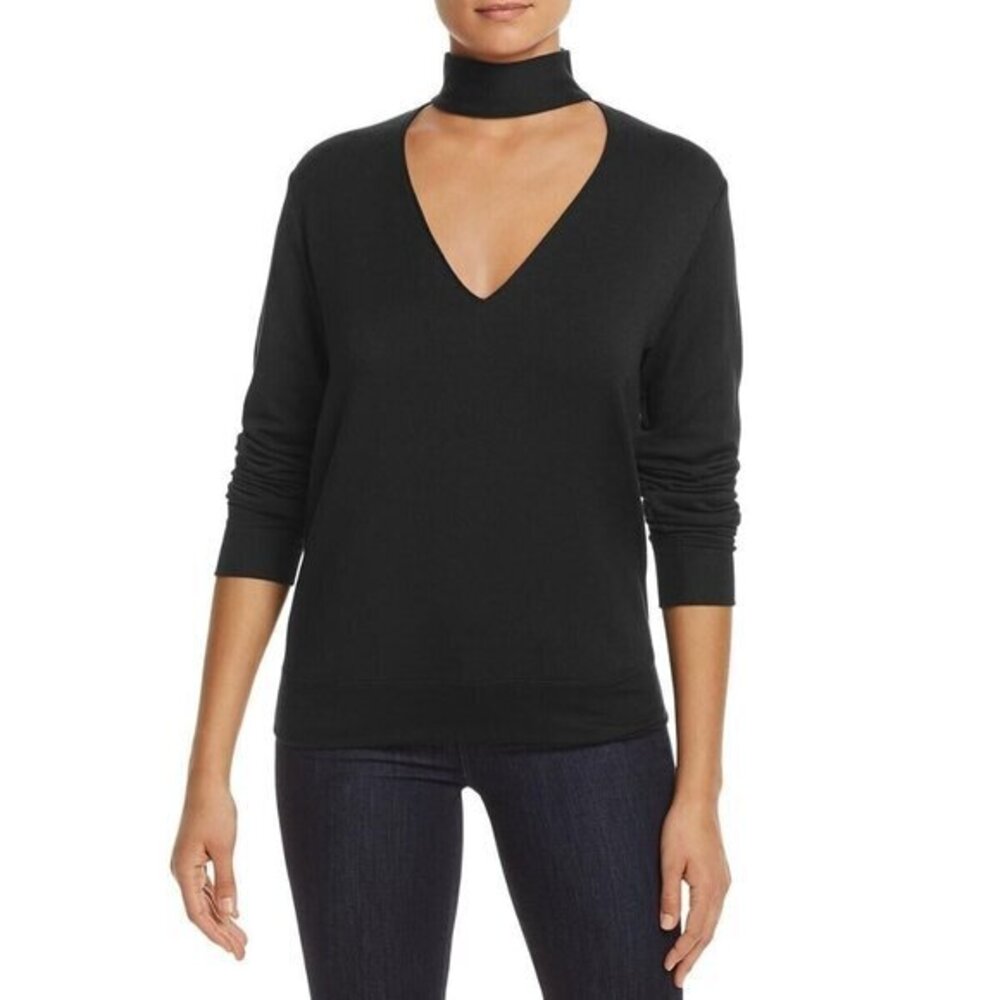 Bailey 44 Womens Black V Neck Ribbed Trim Choker Sweater Top Sz XS New